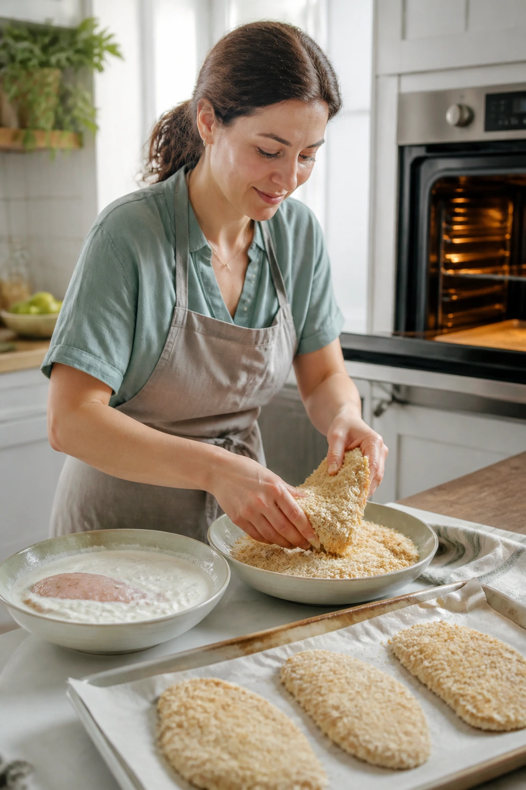 Hands breading a chicken cutlet in a bright kitchen