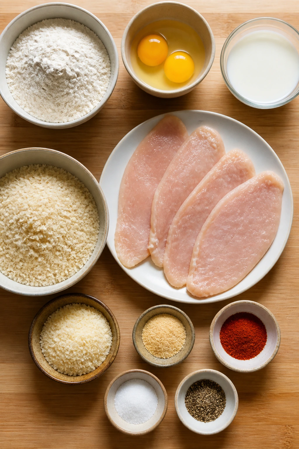 Top-down view of breading ingredients and chicken cutlets neatly arranged