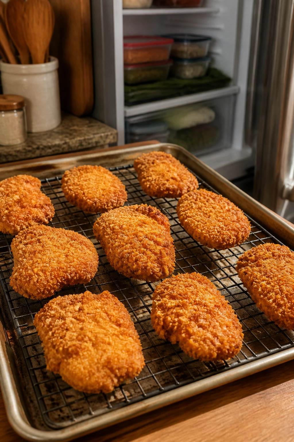Breaded chicken pieces on a wire rack over a sheet pan in a kitchen