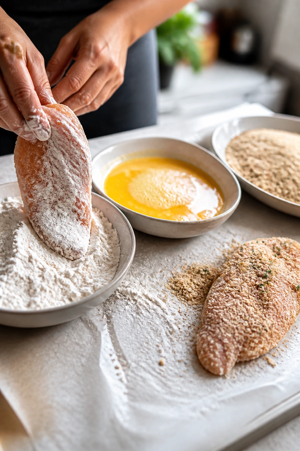 Chicken being breaded in flour, egg wash, and breadcrumbs on a kitchen counter