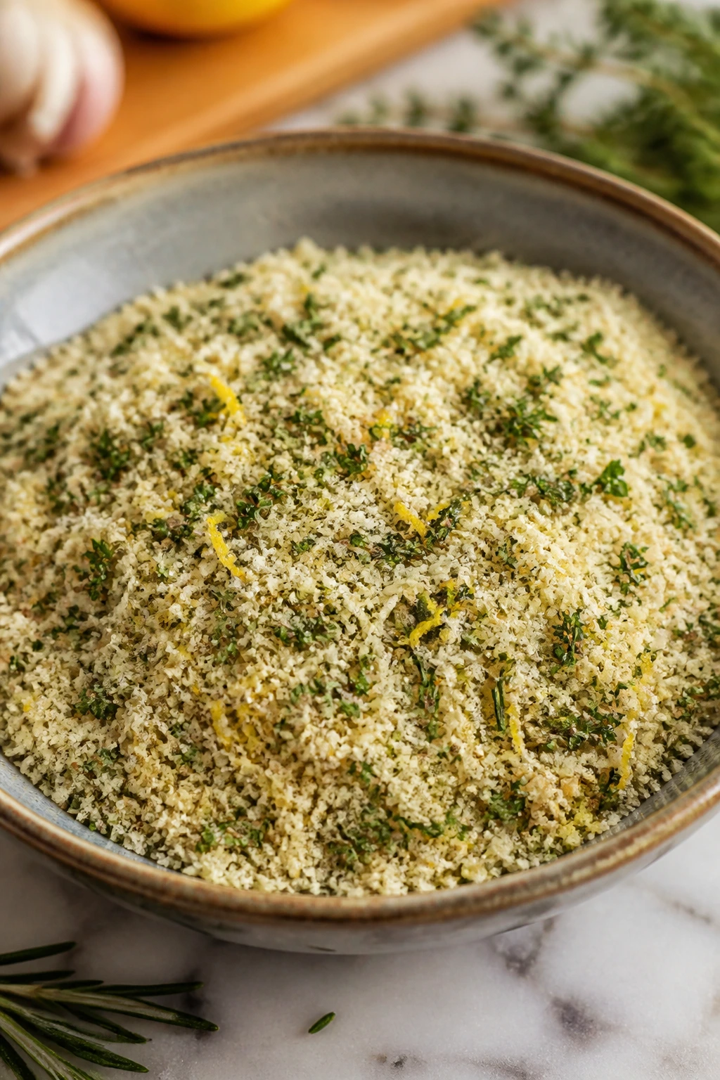 Bread crumb mixture with herbs on a kitchen counter