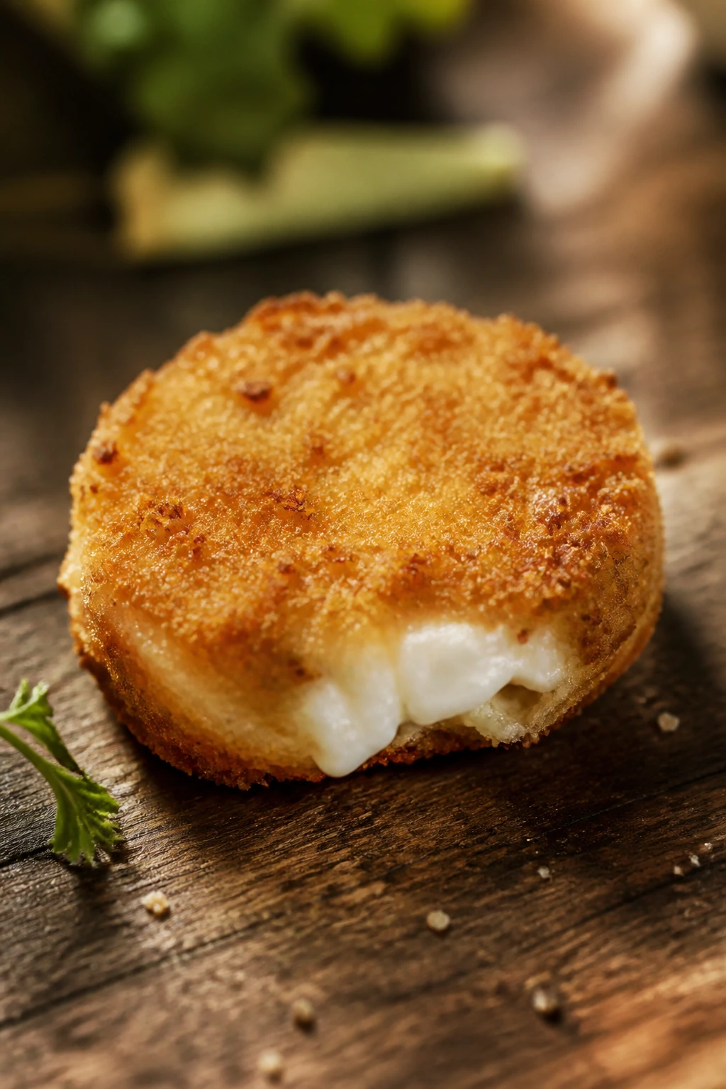 Close-up of a single breaded goat cheese round with a crispy golden crust on wood.