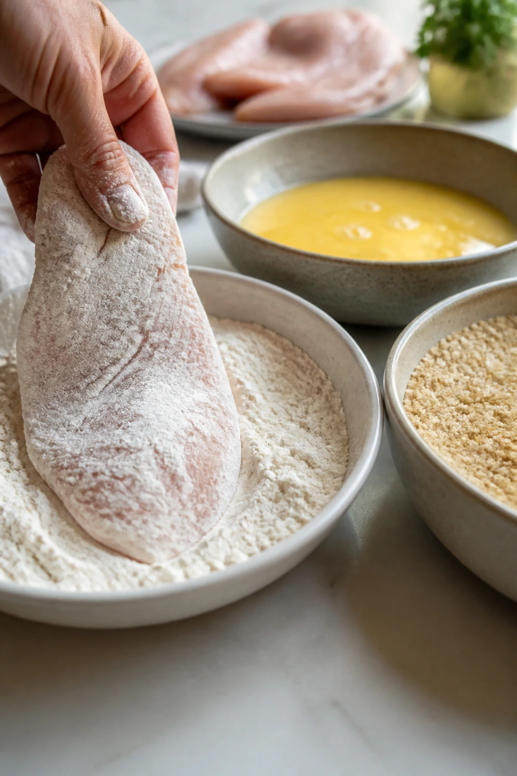 Breading station with flour, eggs, and breadcrumbs ready for chicken