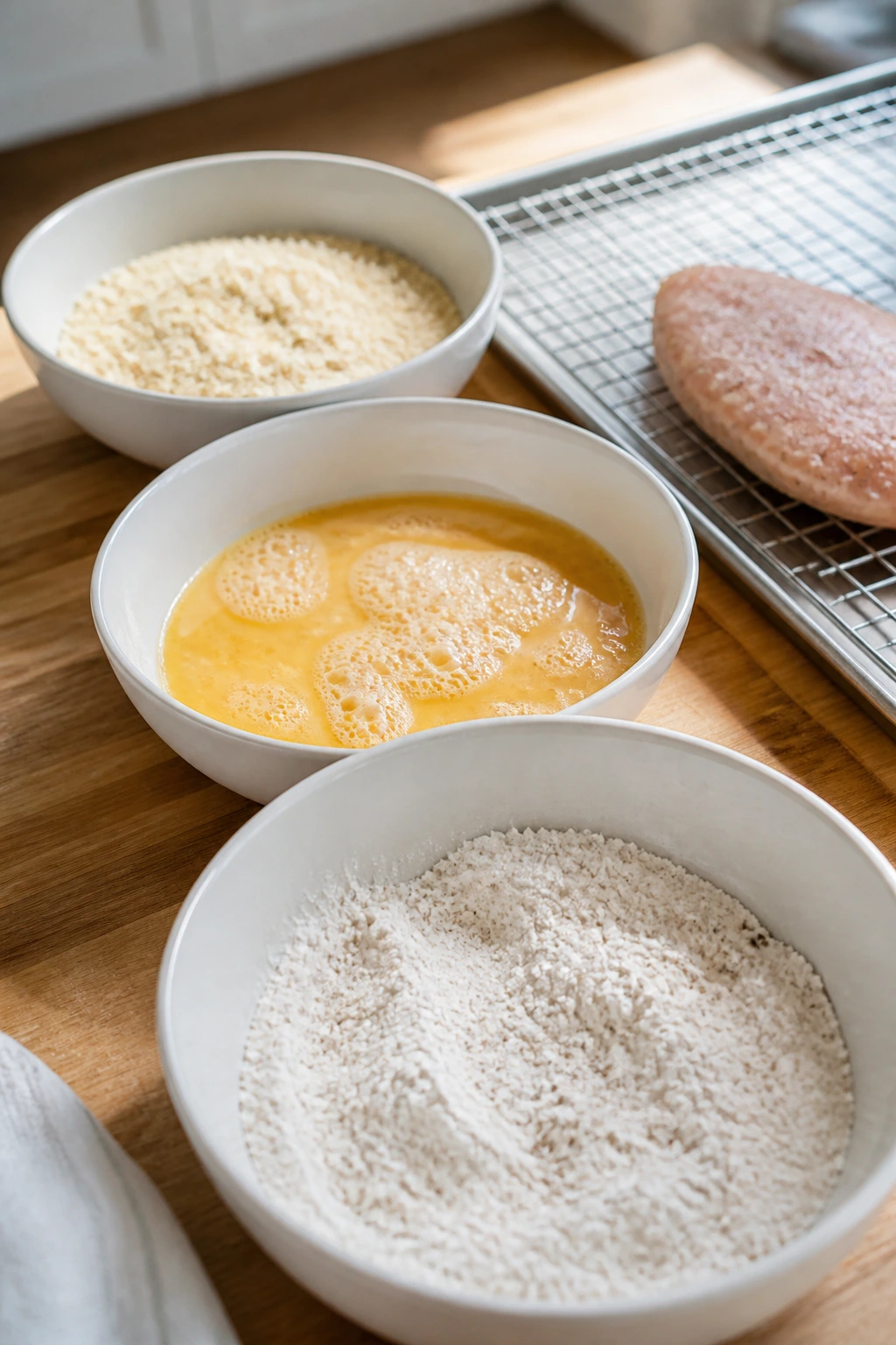 Close-up of a three-bowl breading station with flour, eggs, and panko on a kitchen counter.