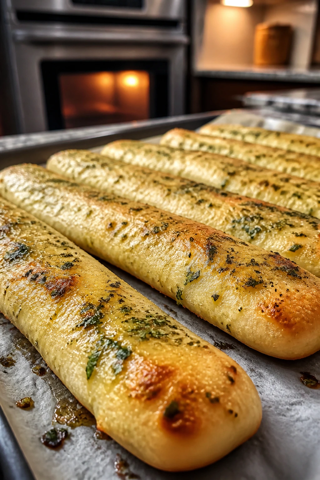 Close-up of garlic butter breadsticks on parchment, golden and brushed with butter.