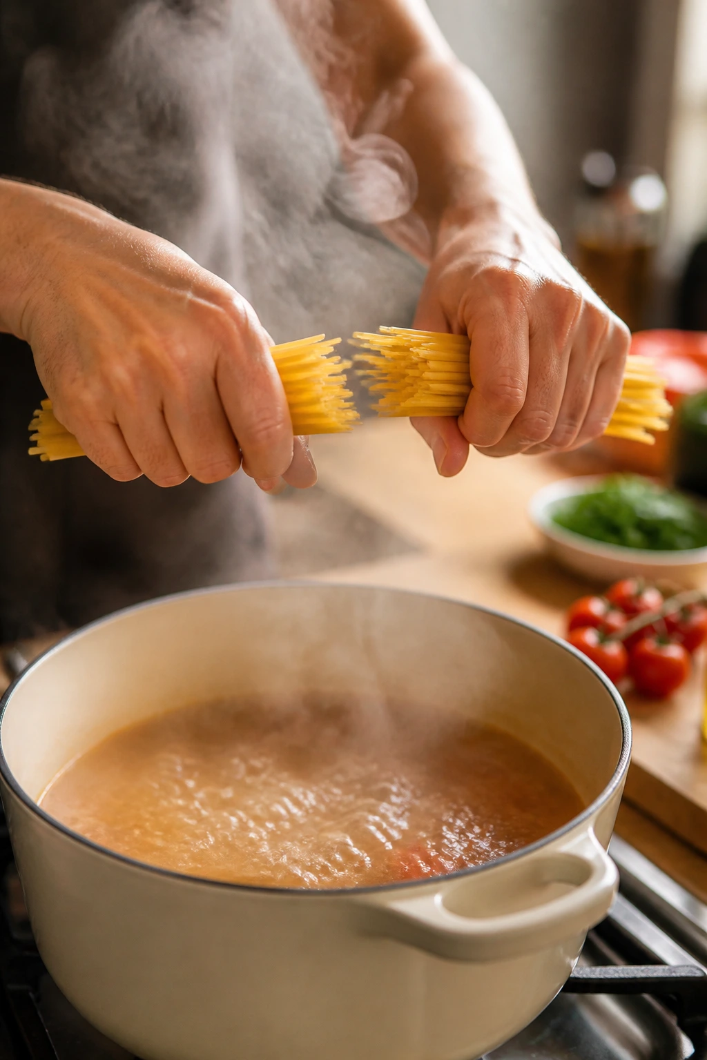 Hand breaking spaghetti over a simmering pot illustrating the tip to break pasta