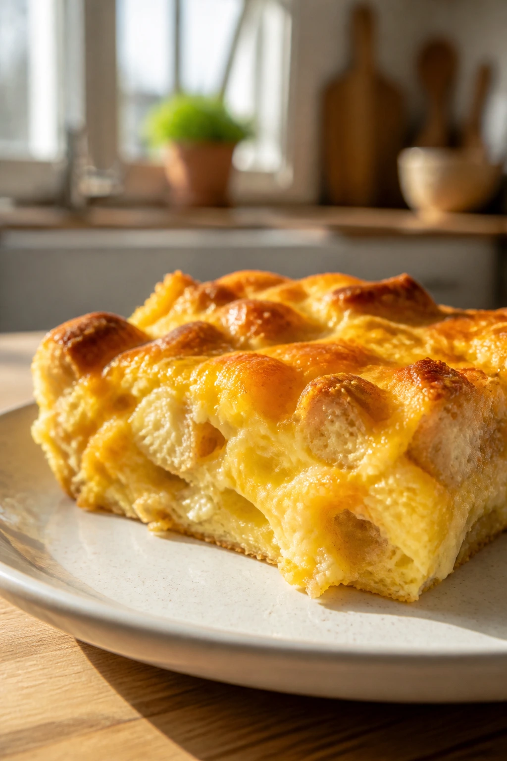 Slice of breakfast cheese bake showing firm edges and gooey interior