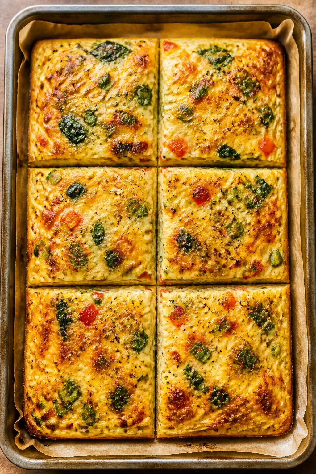 Overhead view of six square pieces of cottage cheese breakfast bake.