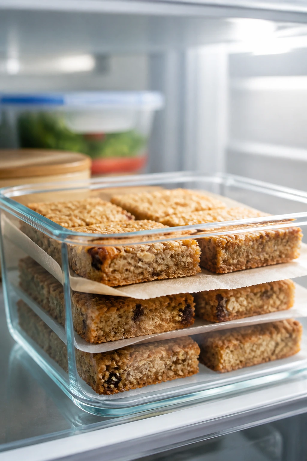 Close-up of baked oatmeal bars in a dish inside a fridge.