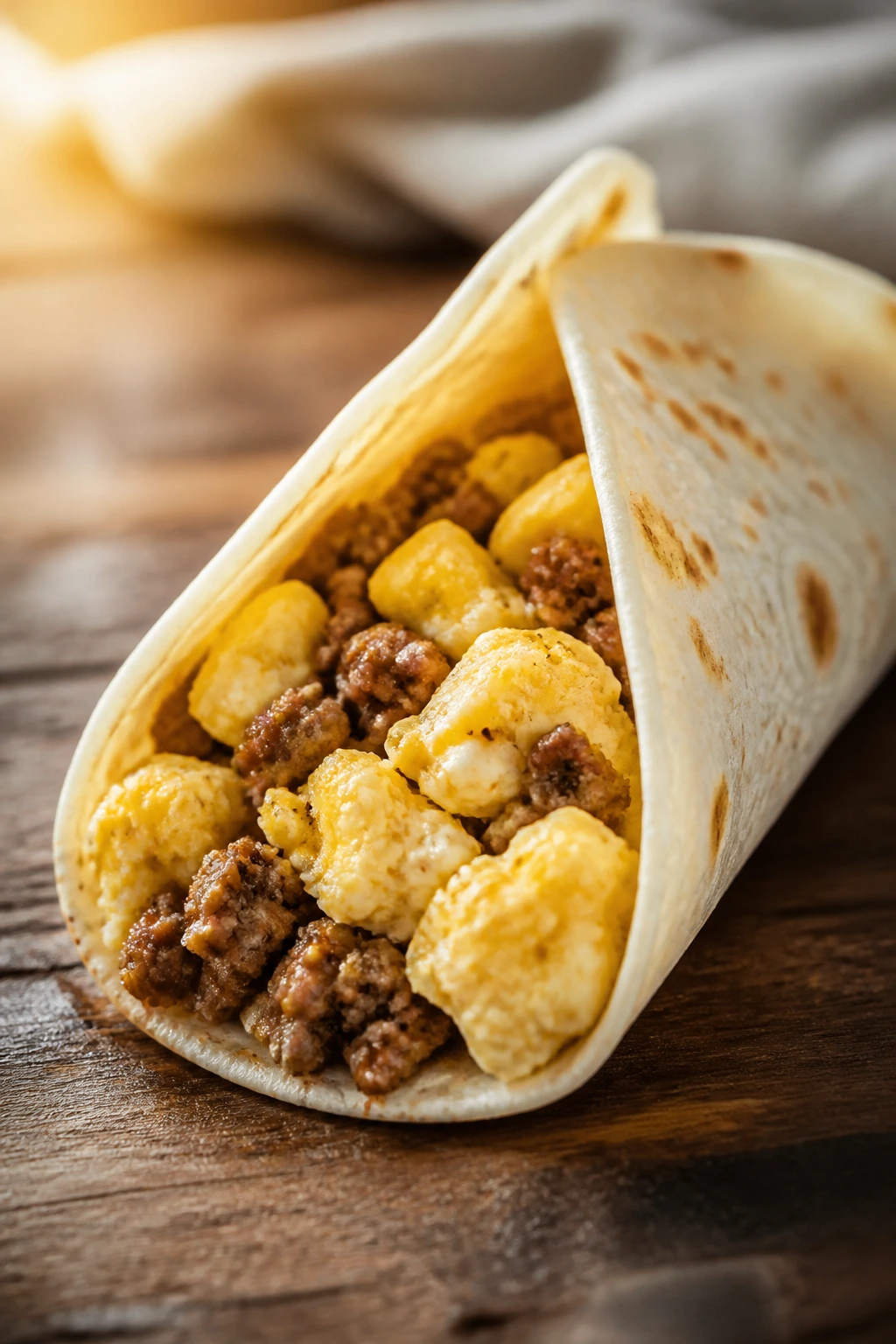 Medium-close shot of a breakfast beef and egg taco on a wooden table