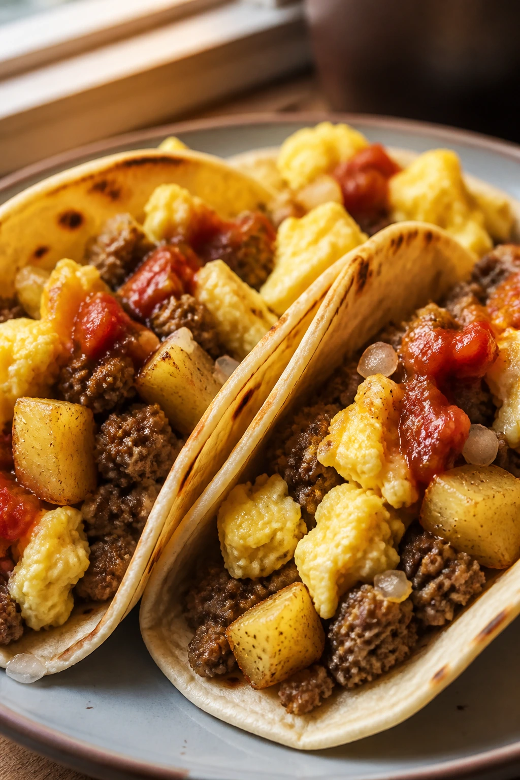 Breakfast beef tacos with eggs on plate