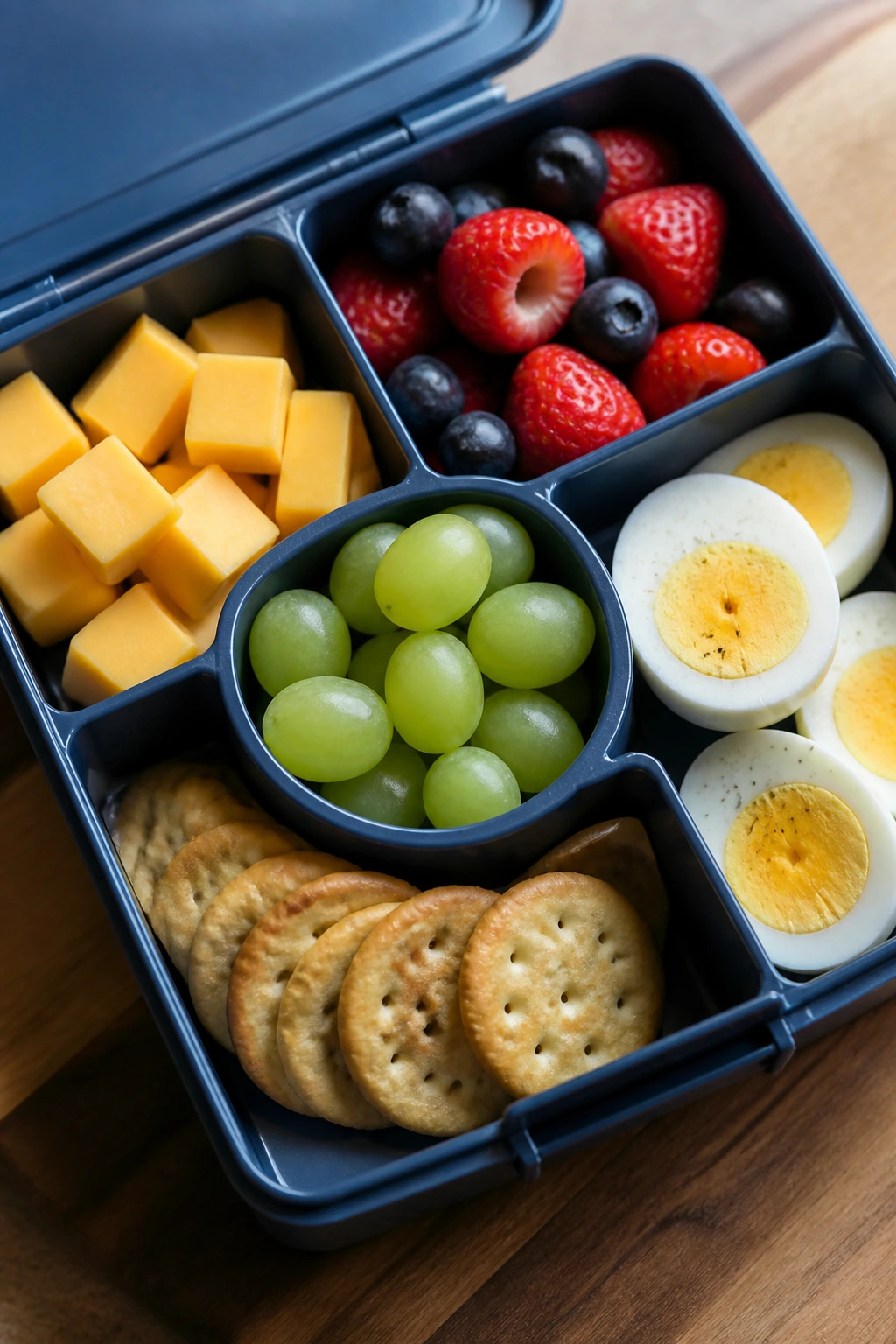 Open breakfast bento box with cheese, grapes, crackers, eggs, and berries in separate compartments