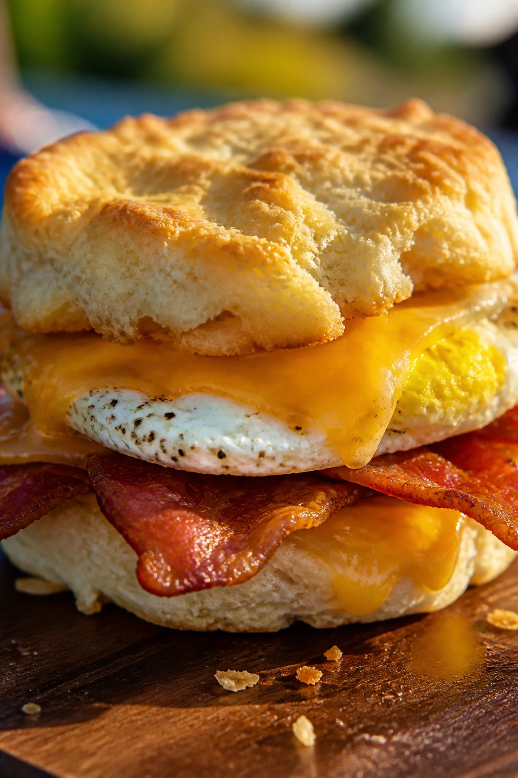 Cross-section breakfast biscuit with egg, bacon, and cheddar on a wooden surface