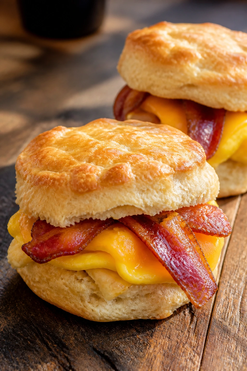 Breakfast biscuit sandwich with egg bacon cheddar on wooden table in morning light