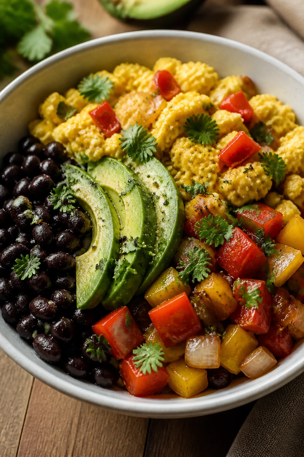 Colorful breakfast bowl with eggs, black beans, peppers, avocado on a kitchen counter.