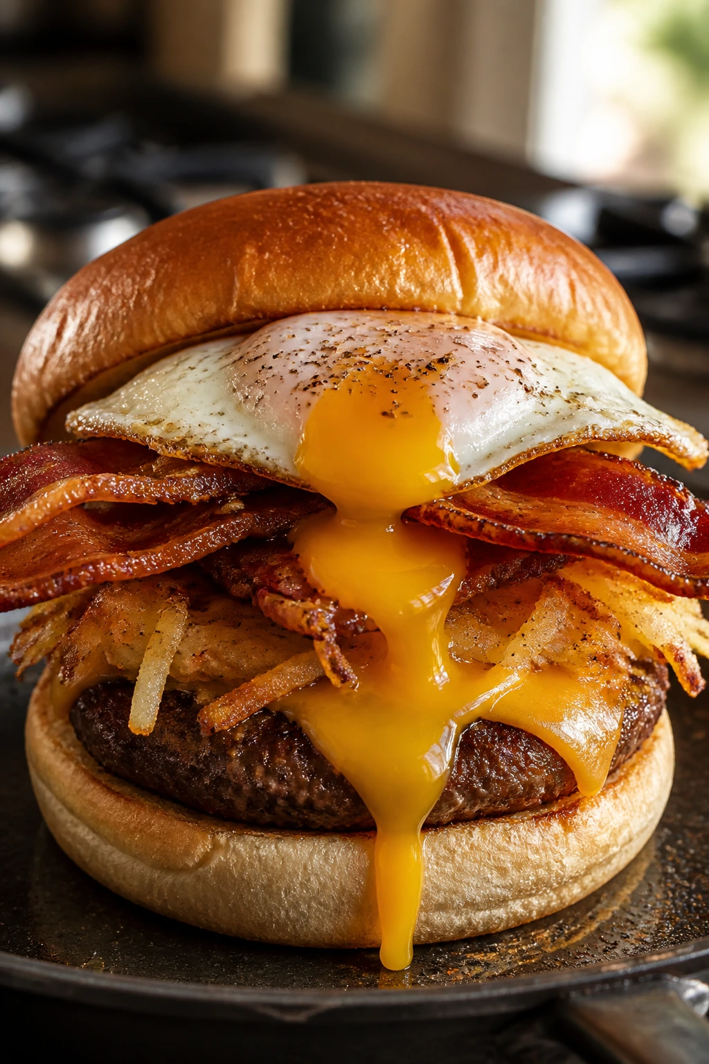 Close-up breakfast burger with egg yolk, bacon, cheese and hash browns