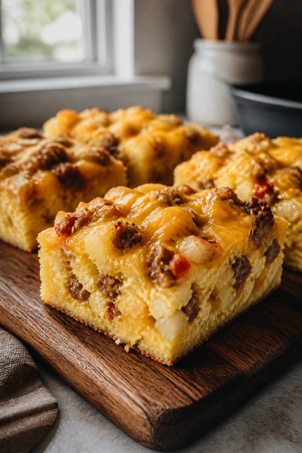 Close-up of sliced breakfast burrito bake on a wooden board