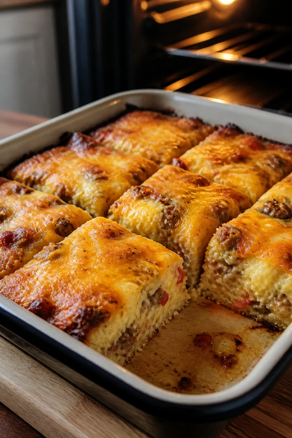 Close-up of breakfast burrito bake slices with egg and cheese.