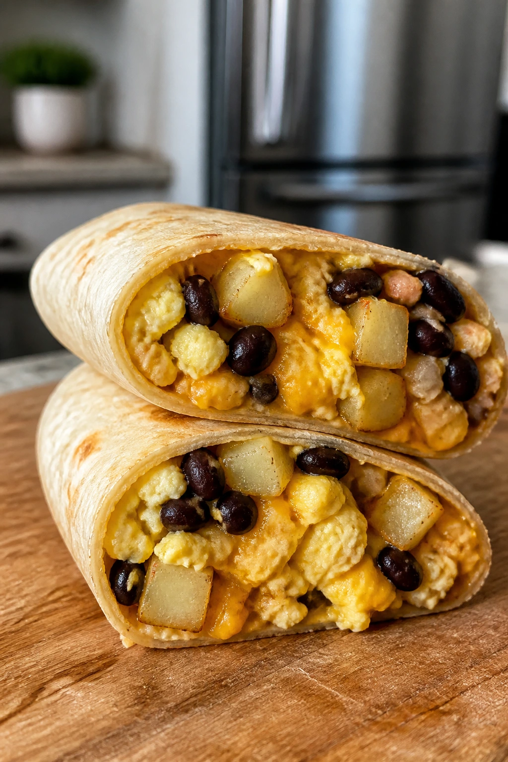 Wrapped breakfast burrito cut in half showing beans and potatoes