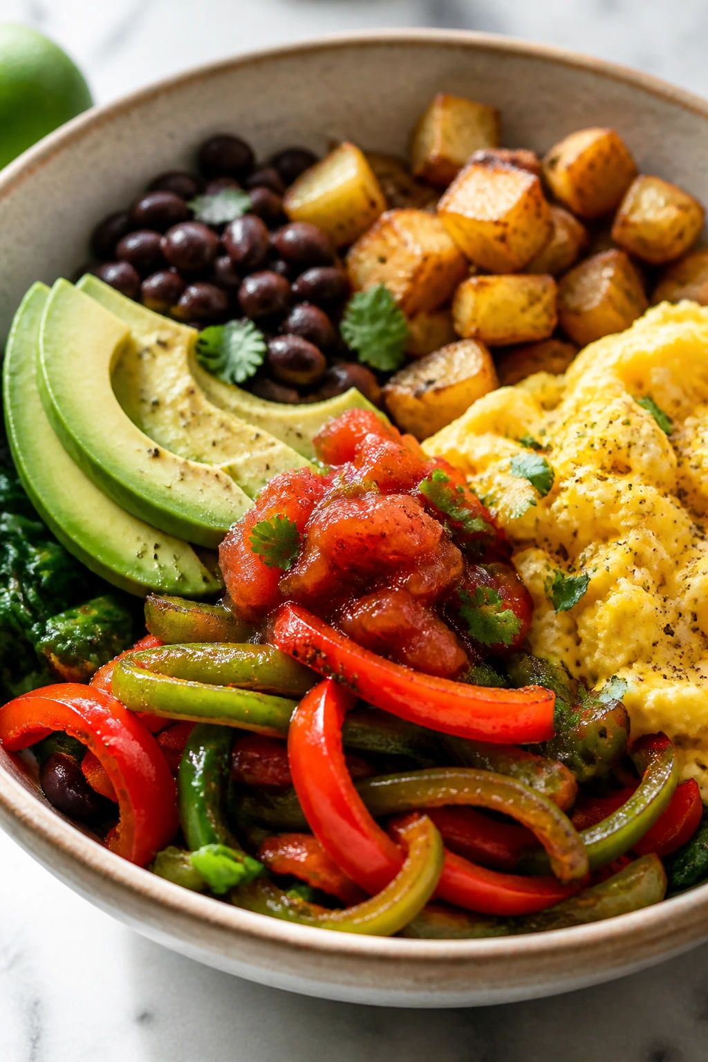 Vibrant veggie breakfast burrito bowl with eggs and avocado