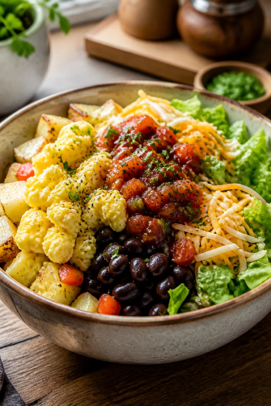 Close-up of a breakfast burrito bowl with eggs, potatoes, beans, salsa and lettuce
