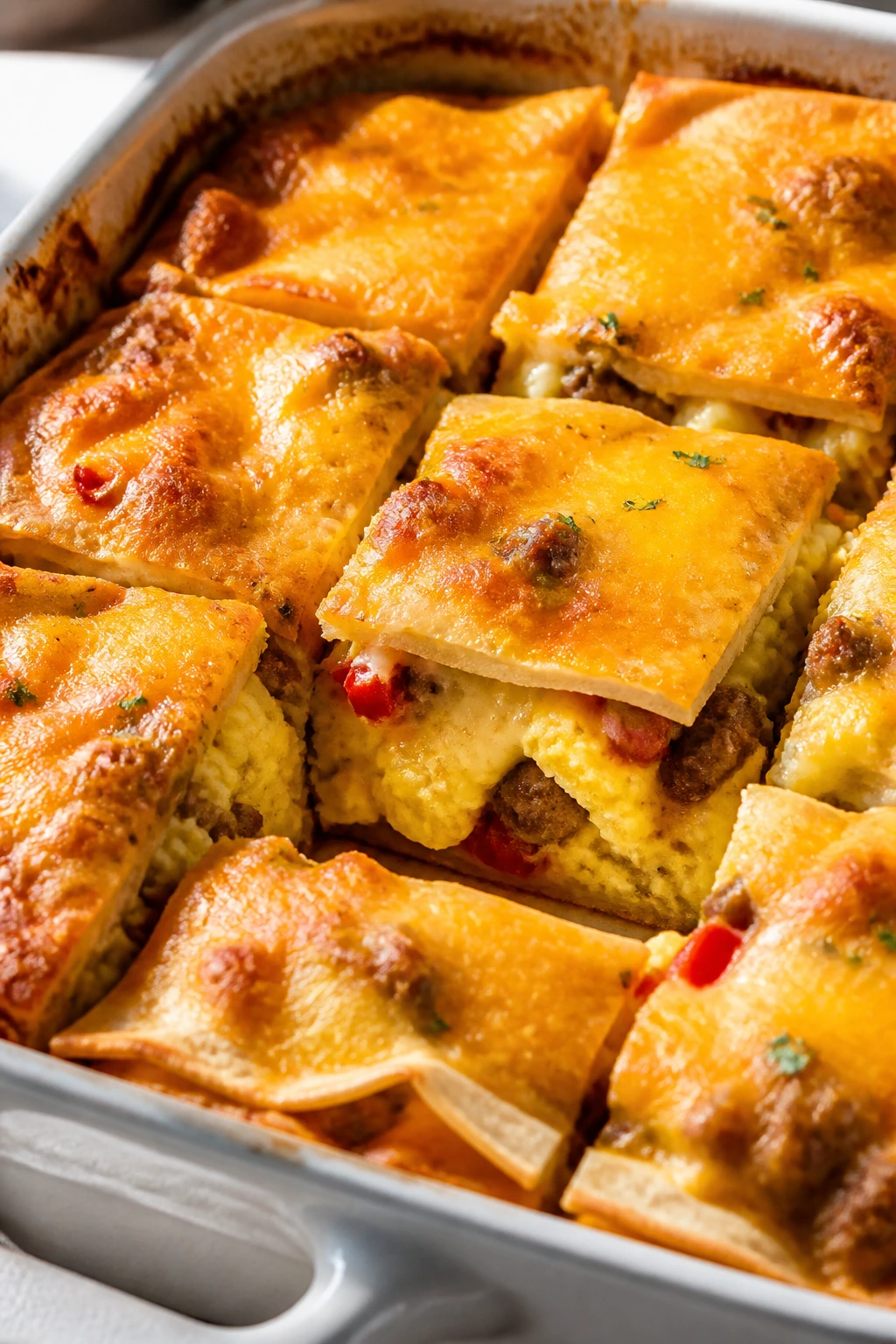Breakfast burrito casserole sliced into squares