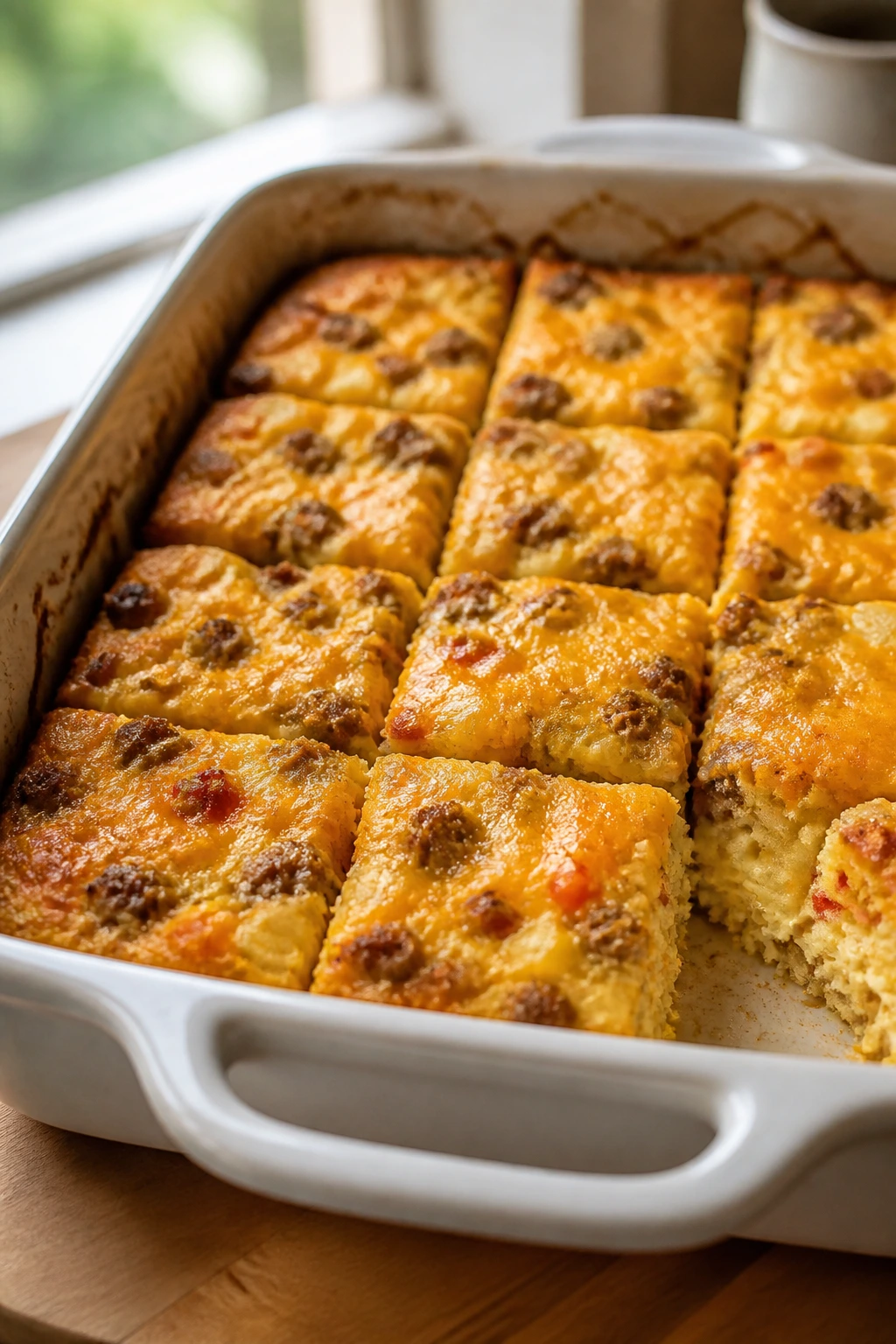 Breakfast burrito casserole squares in a baking dish