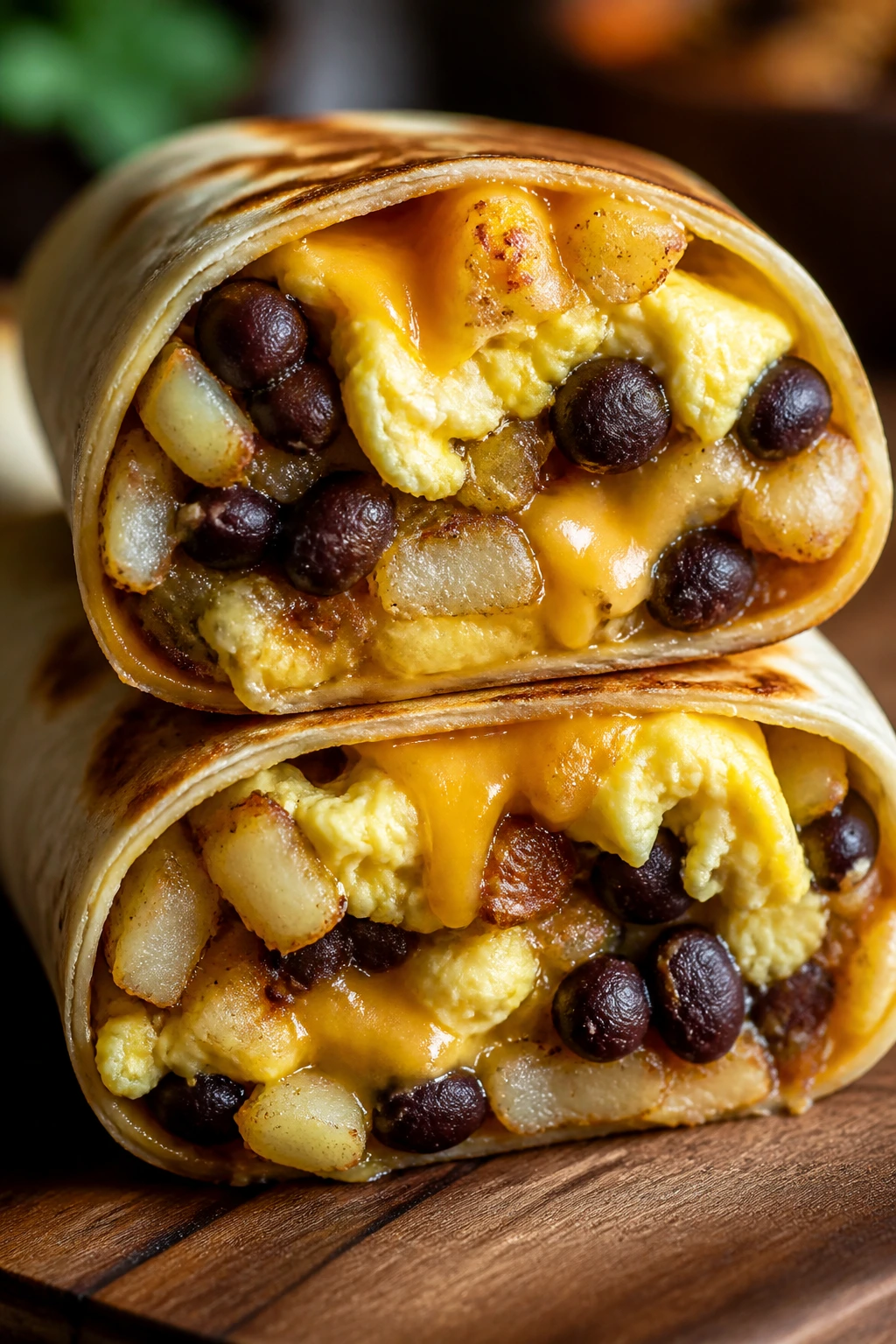 Close-up of a breakfast burrito sliced to reveal eggs and potatoes on a wooden table