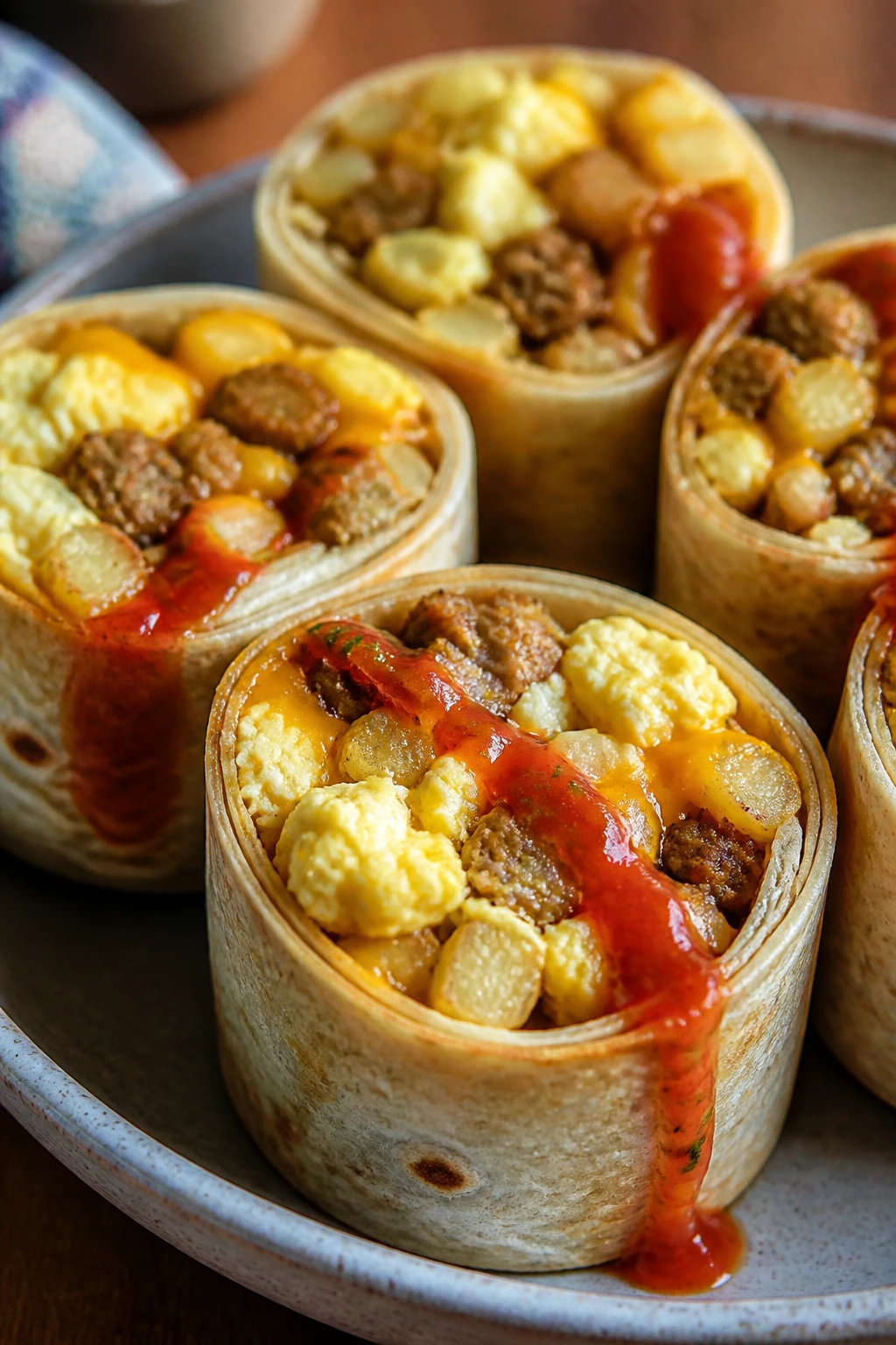 Close-up of breakfast burrito slices with eggs and potatoes