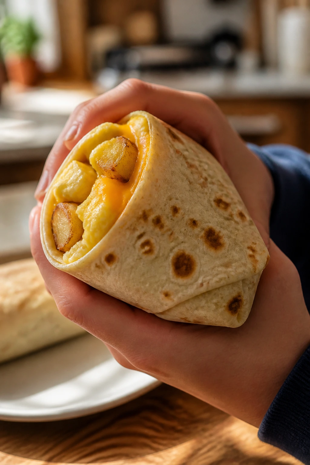 Close-up of a breakfast burrito wrap held by hands in a kitchen