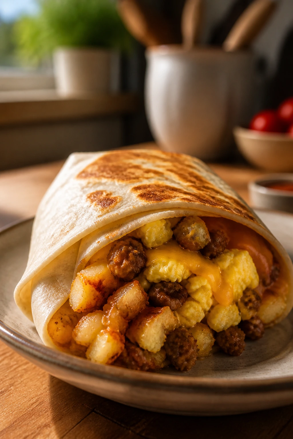 Close-up of a filled breakfast burrito on a plate with eggs and cheese