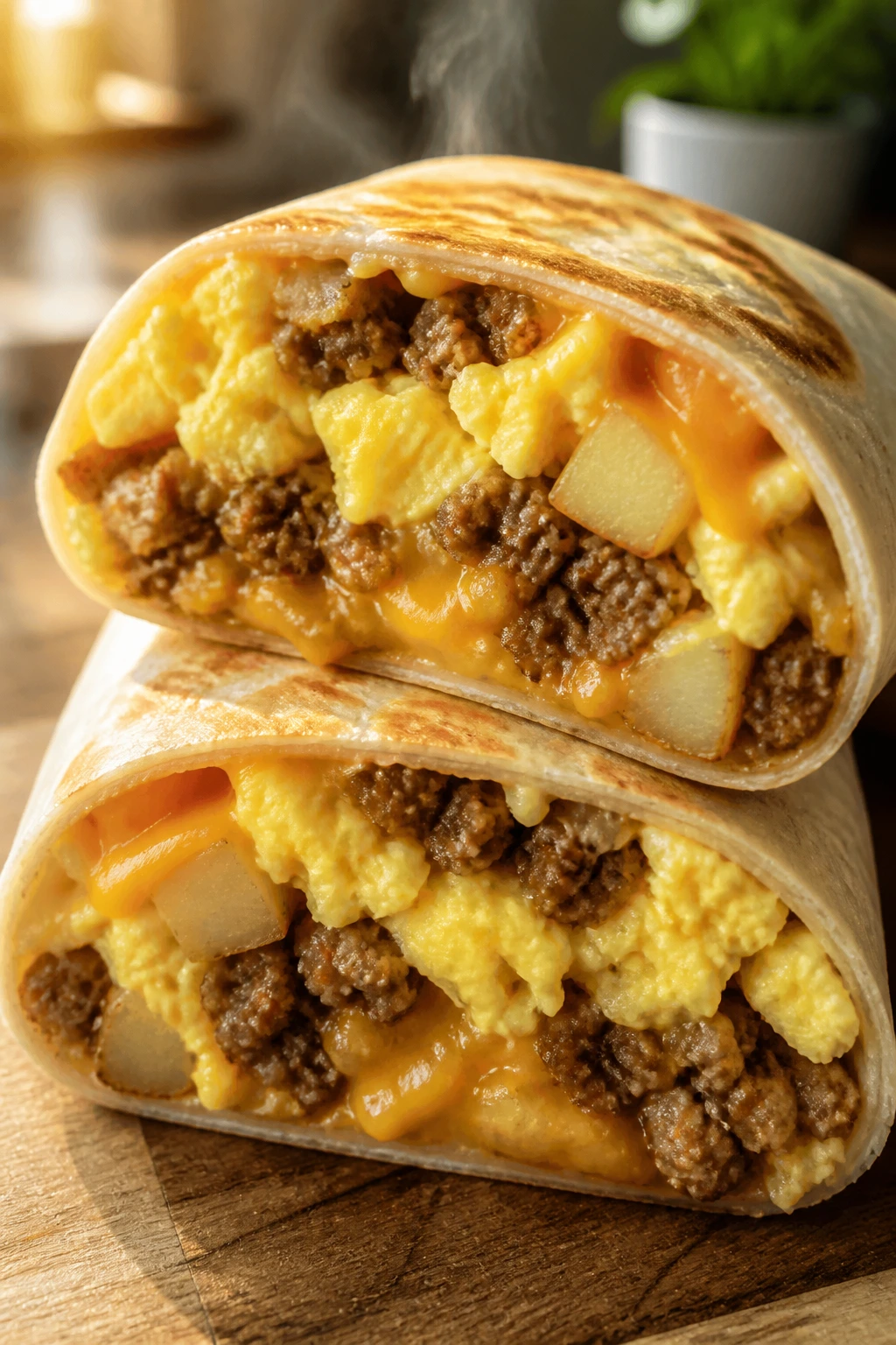 Breakfast burrito cut open showing eggs turkey sausage and potatoes