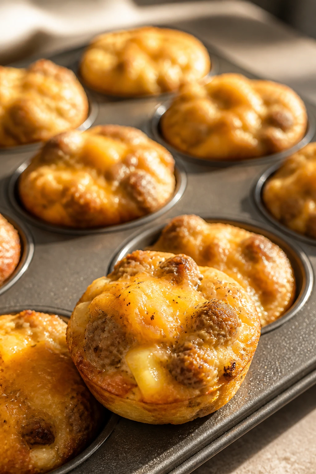 Close-up of breakfast burrito muffins in a muffin tin