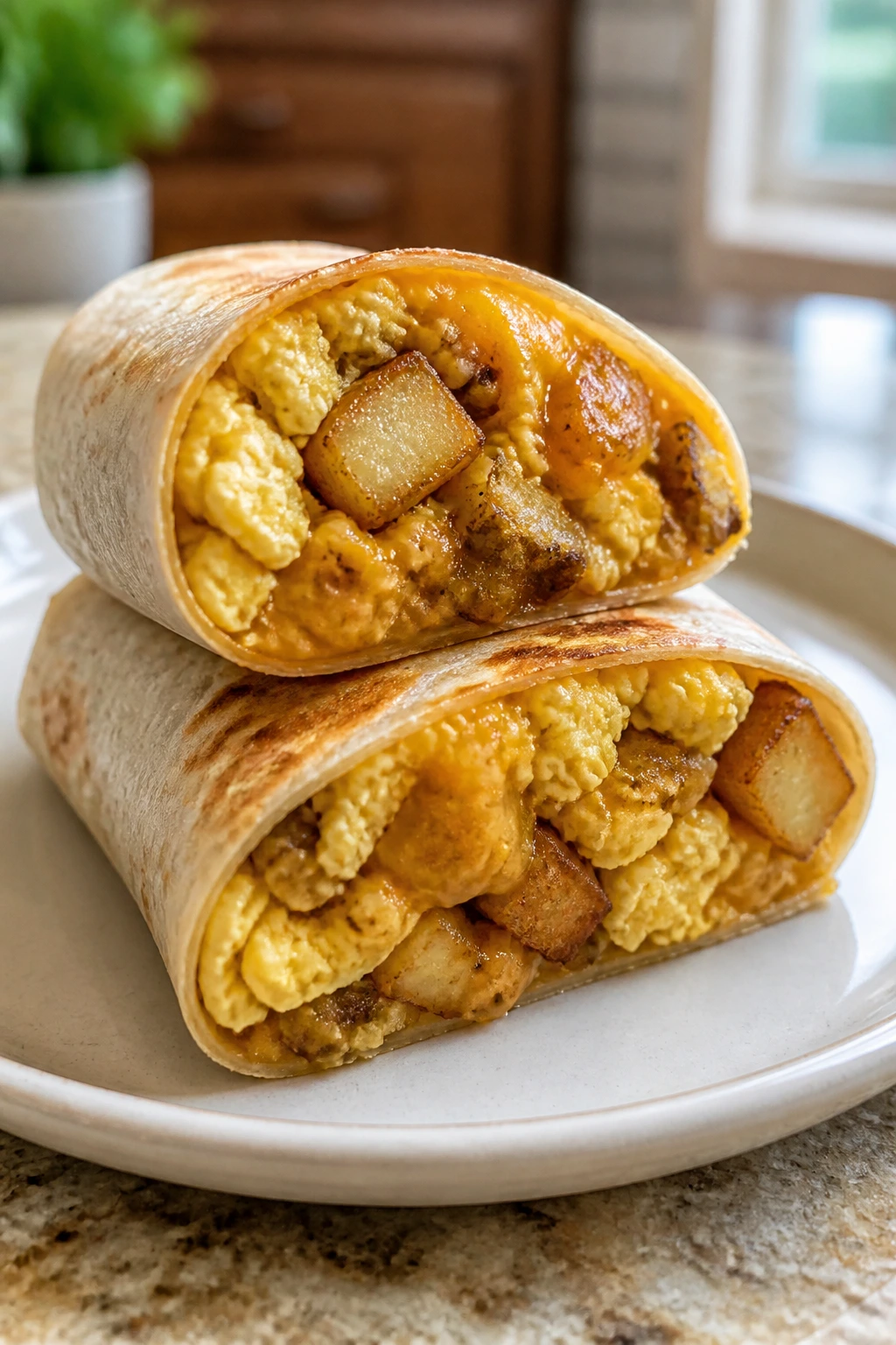 Half-cut breakfast burrito with eggs, potatoes, and cheese