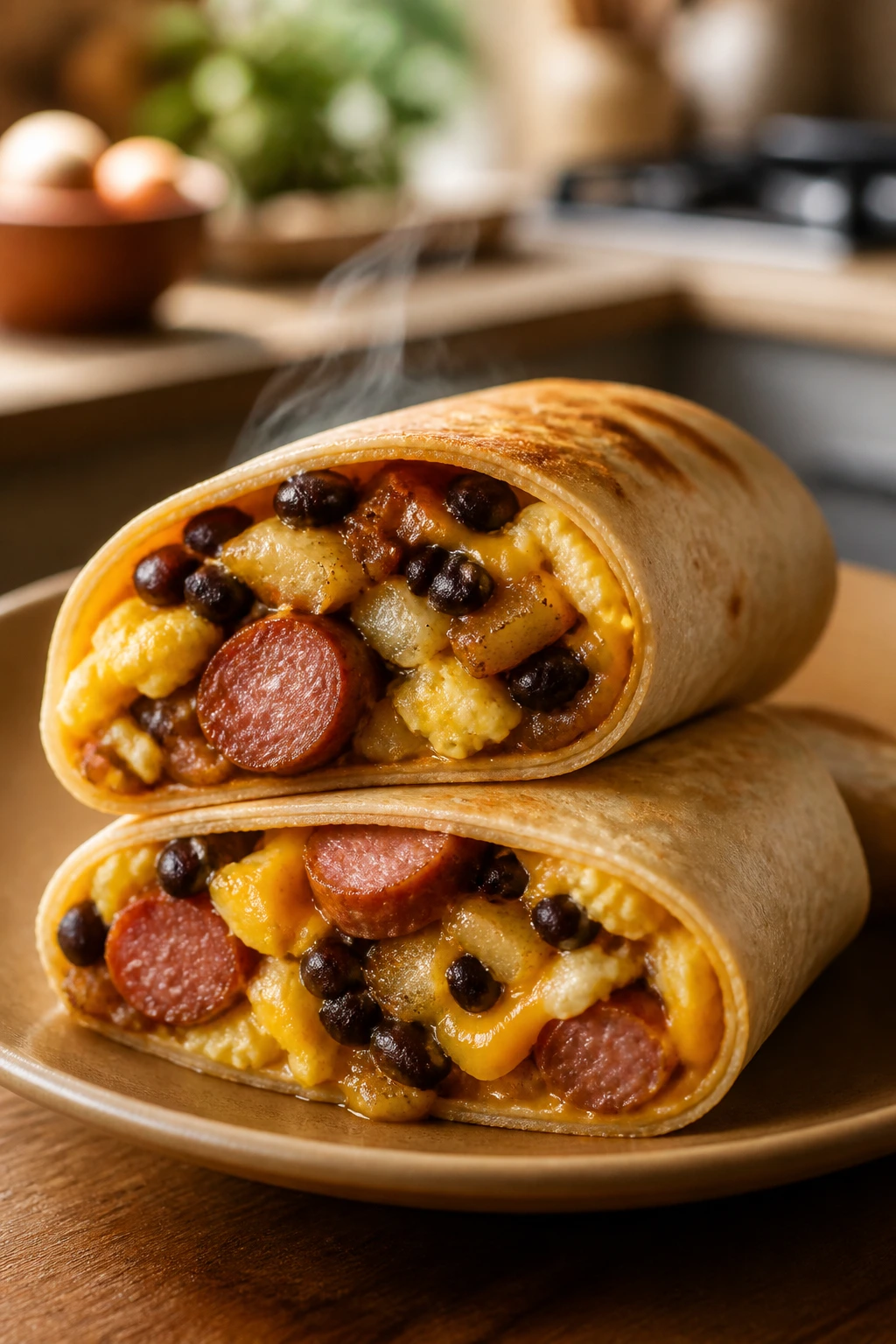 Close-up of a sliced-open breakfast burrito with sausage and eggs on a plate, warm kitchen light.