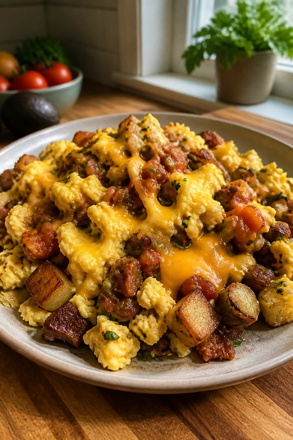 Close-up of breakfast burrito scramble on a plate in a cozy kitchen