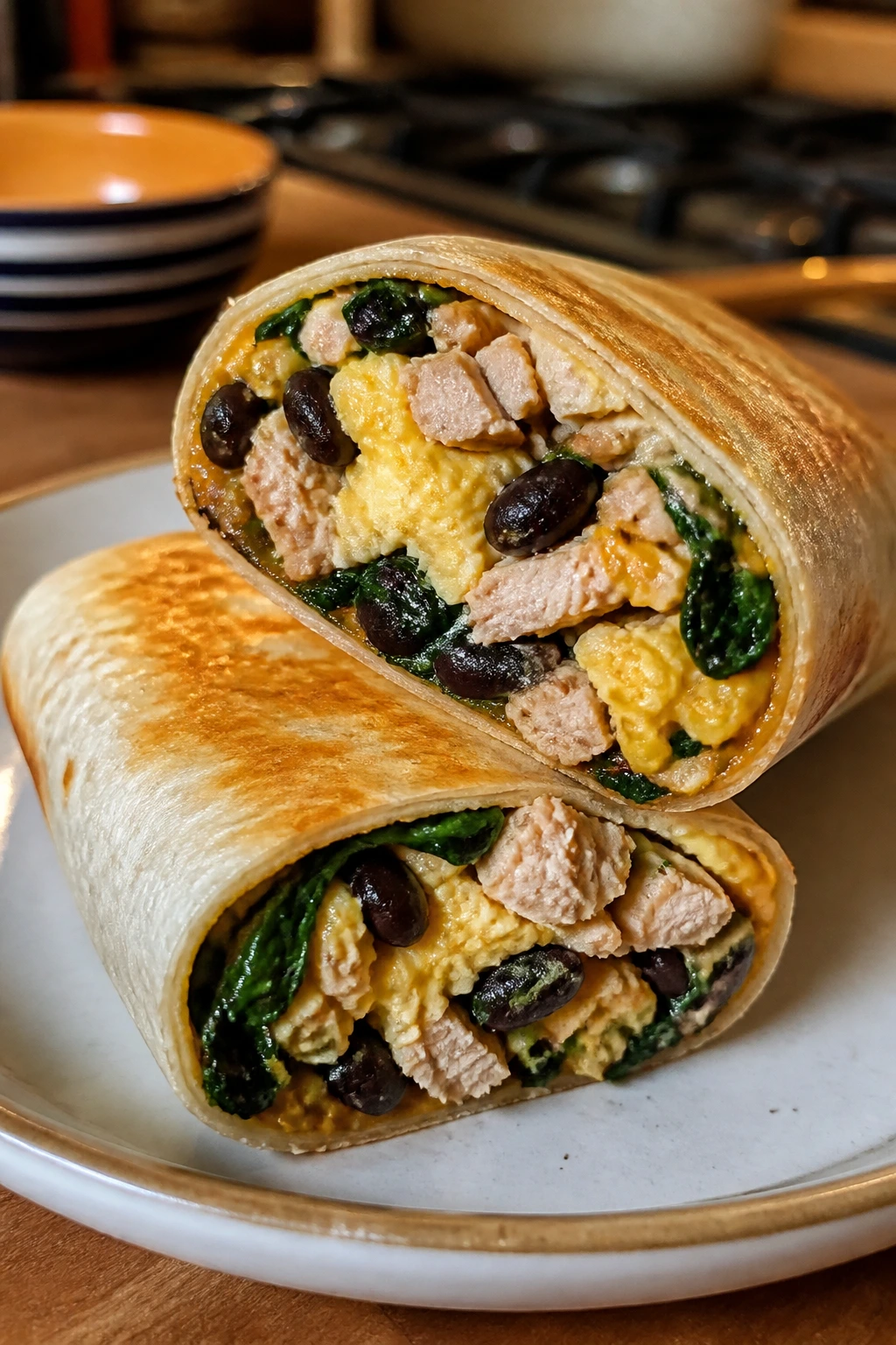 Turkey breakfast burrito cut open showing filling