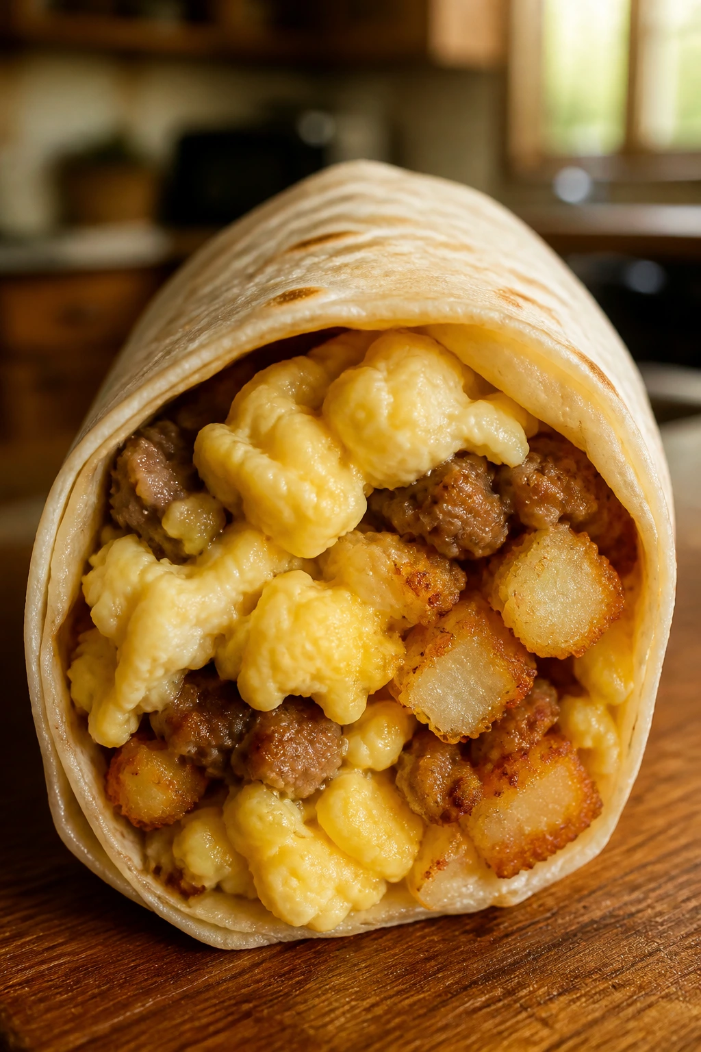 Close-up of a sliced breakfast burrito wrap with eggs, sausage, and hash browns on a wooden board in warm kitchen light.