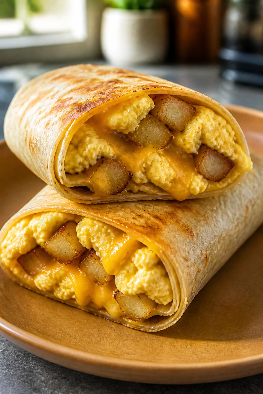 Close-up of breakfast burrito wraps sliced to show eggs, potatoes, and cheese