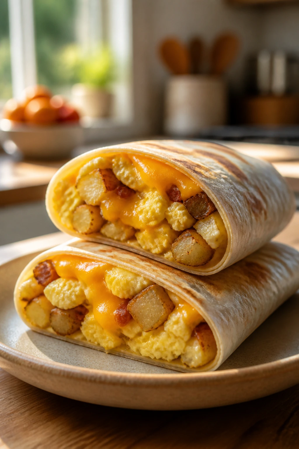Close-up of breakfast burritos sliced to show eggs, potatoes, and cheese