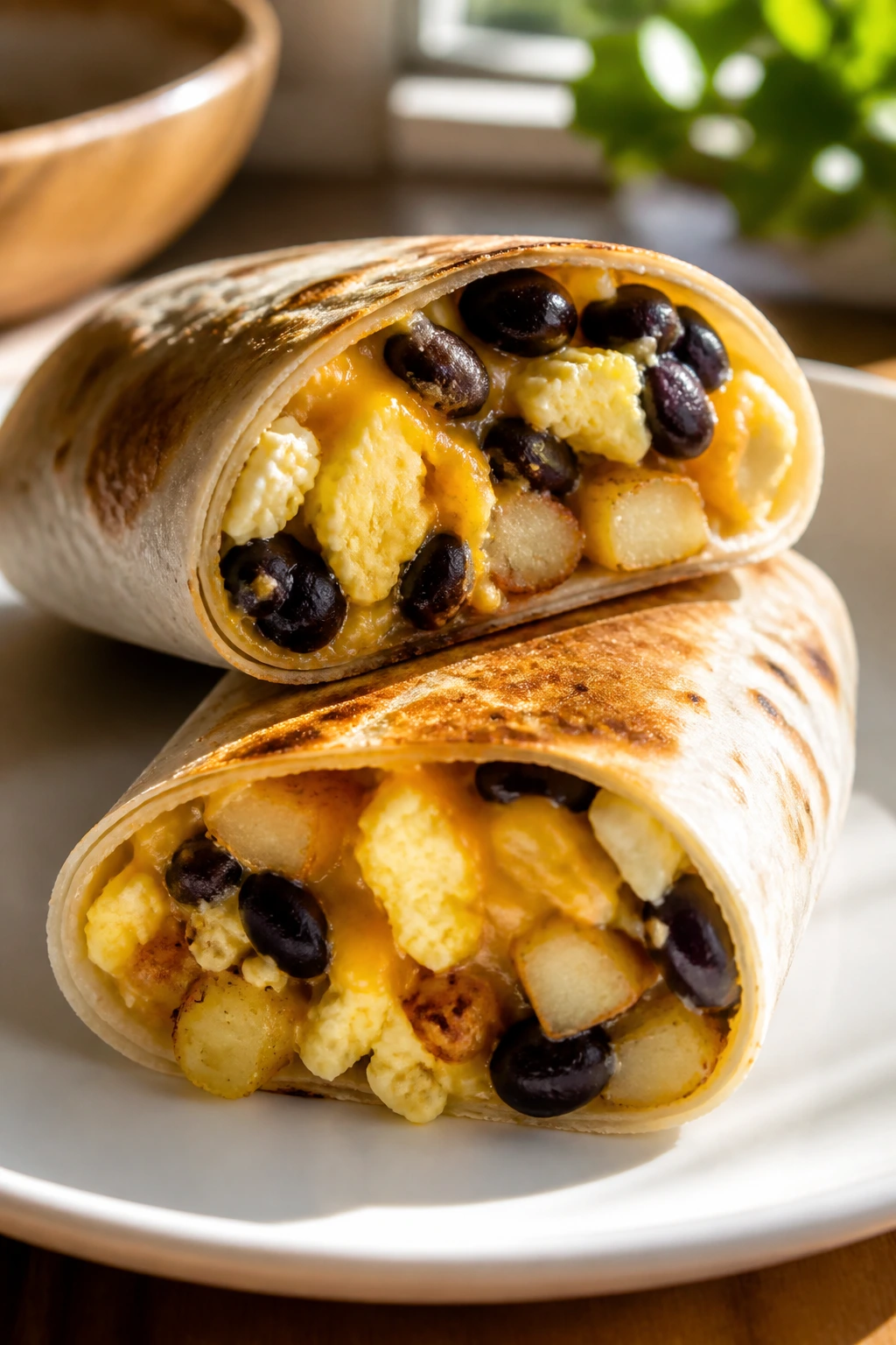Cross-section of a breakfast burrito showing eggs, beans, potatoes, and cheese.