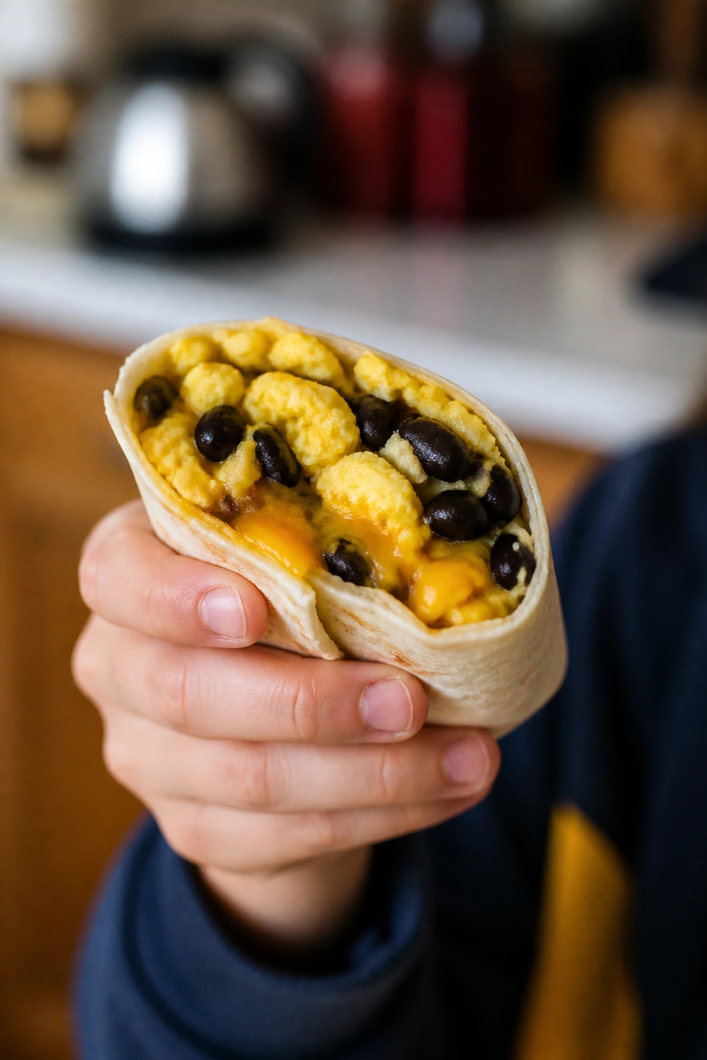 Breakfast burrito held in hand showing eggs and beans filling