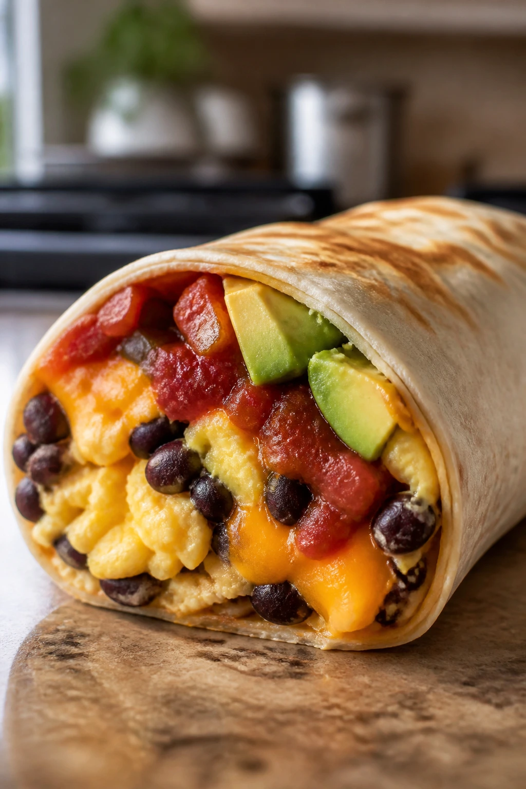 Close-up burrito with eggs beans cheese on a kitchen counter
