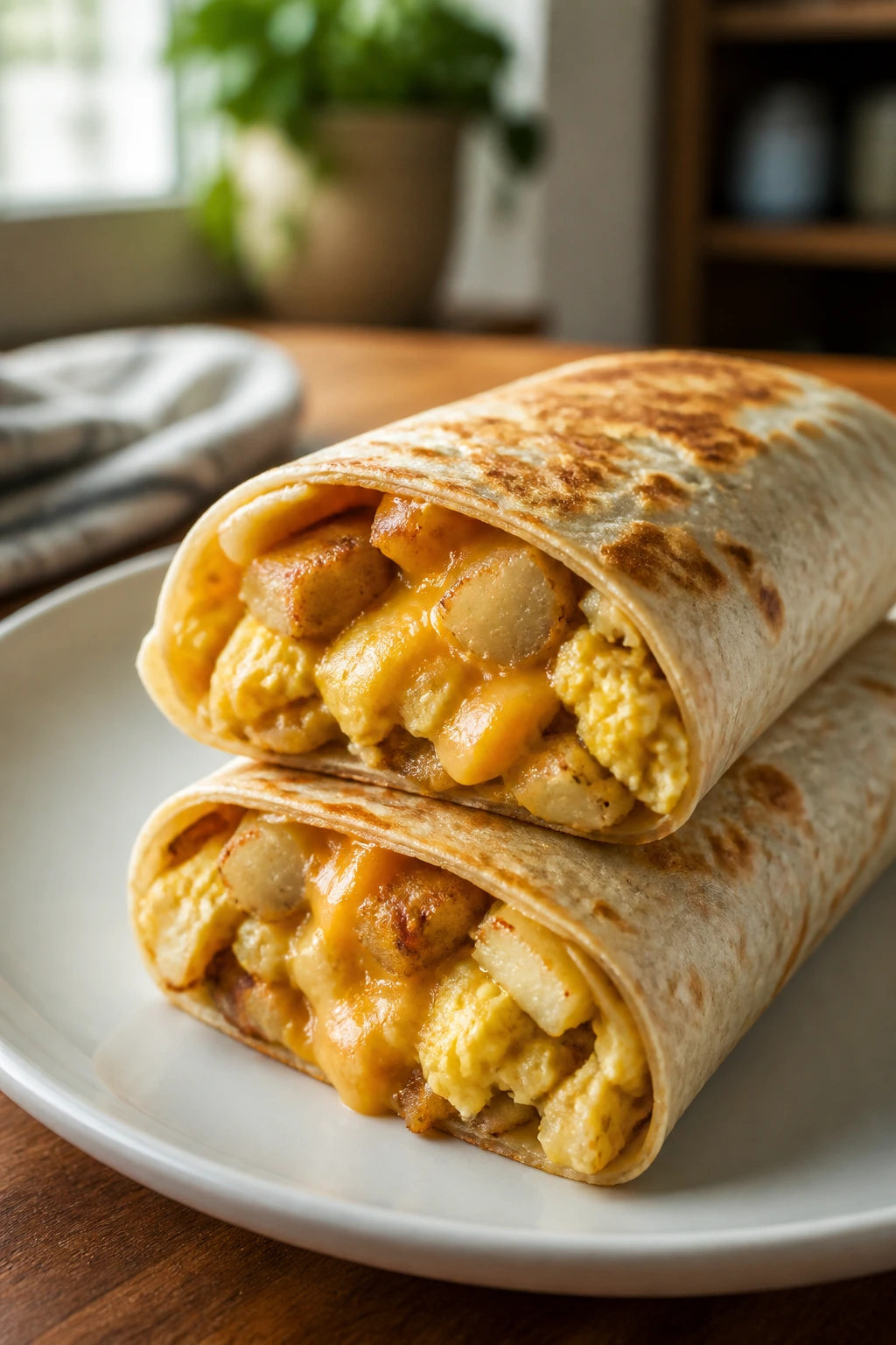 Close-up of two breakfast burritos on a plate