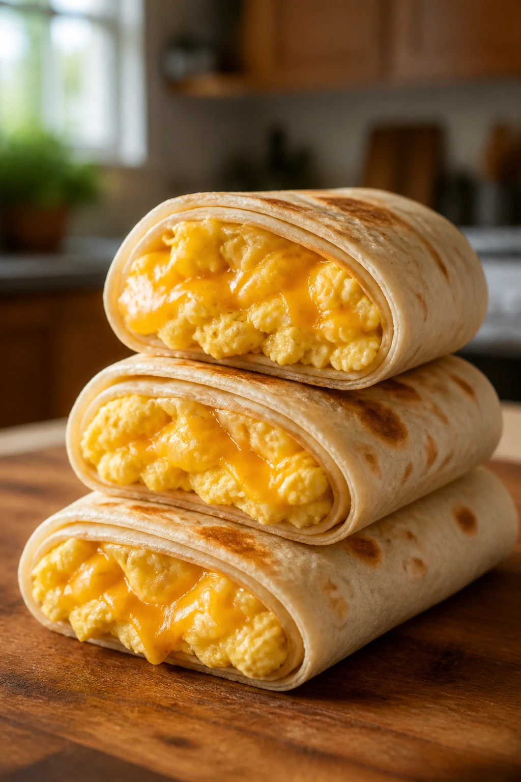 Close-up of egg and cheese breakfast burritos on a wooden counter