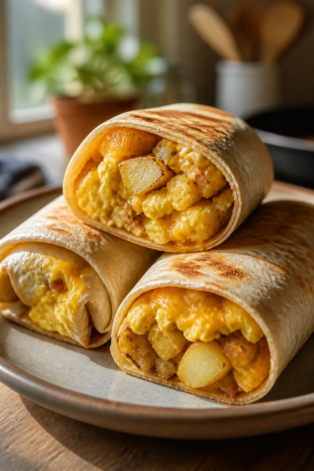 Three breakfast burritos on a plate with visible egg and potato filling