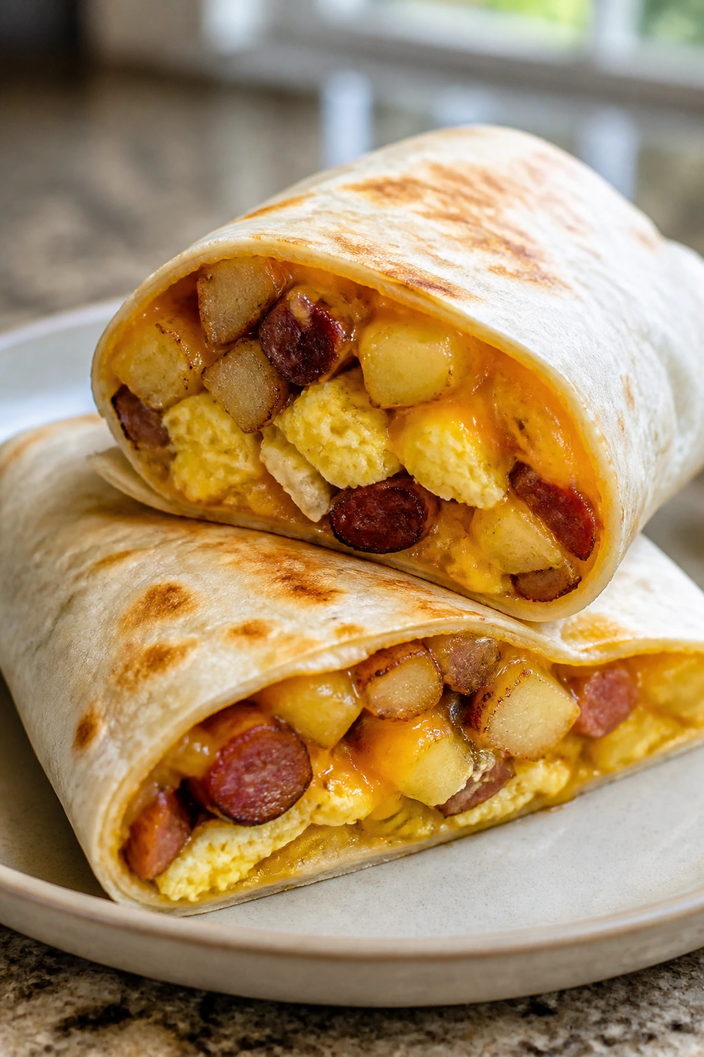 Close-up burrito halves with eggs sausage potatoes cheese
