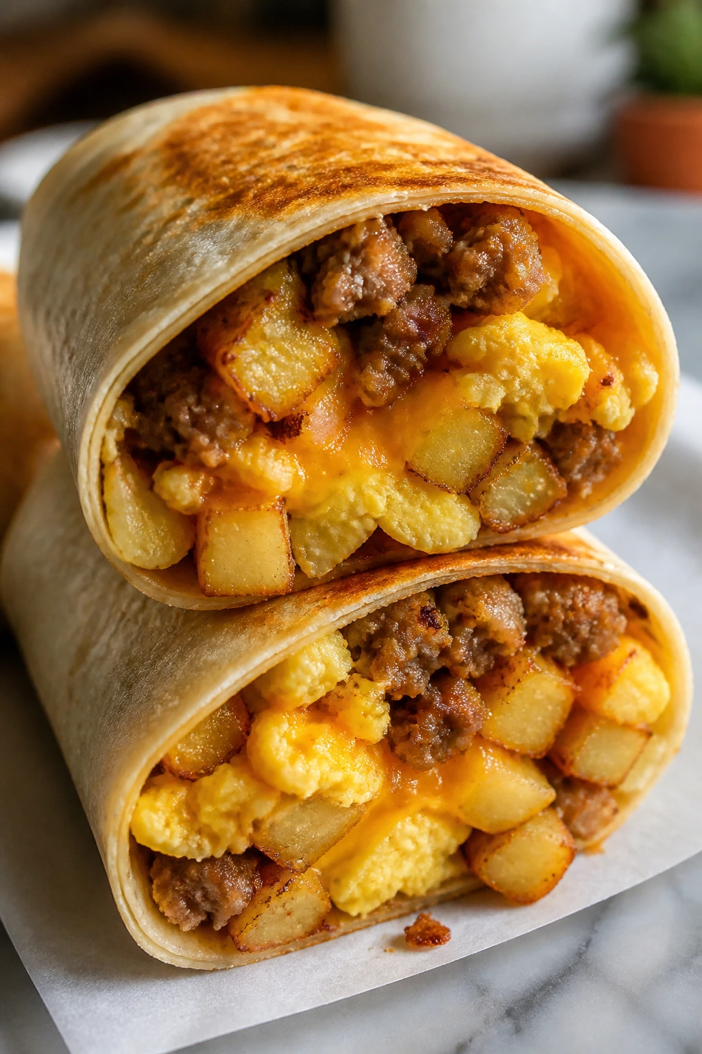 Half-cut breakfast burrito showing egg, potatoes, sausage and cheese