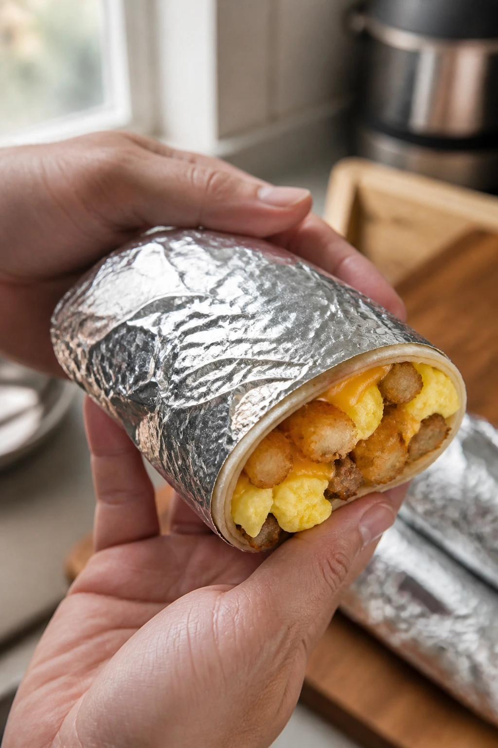 Foil-wrapped breakfast burrito held in hands