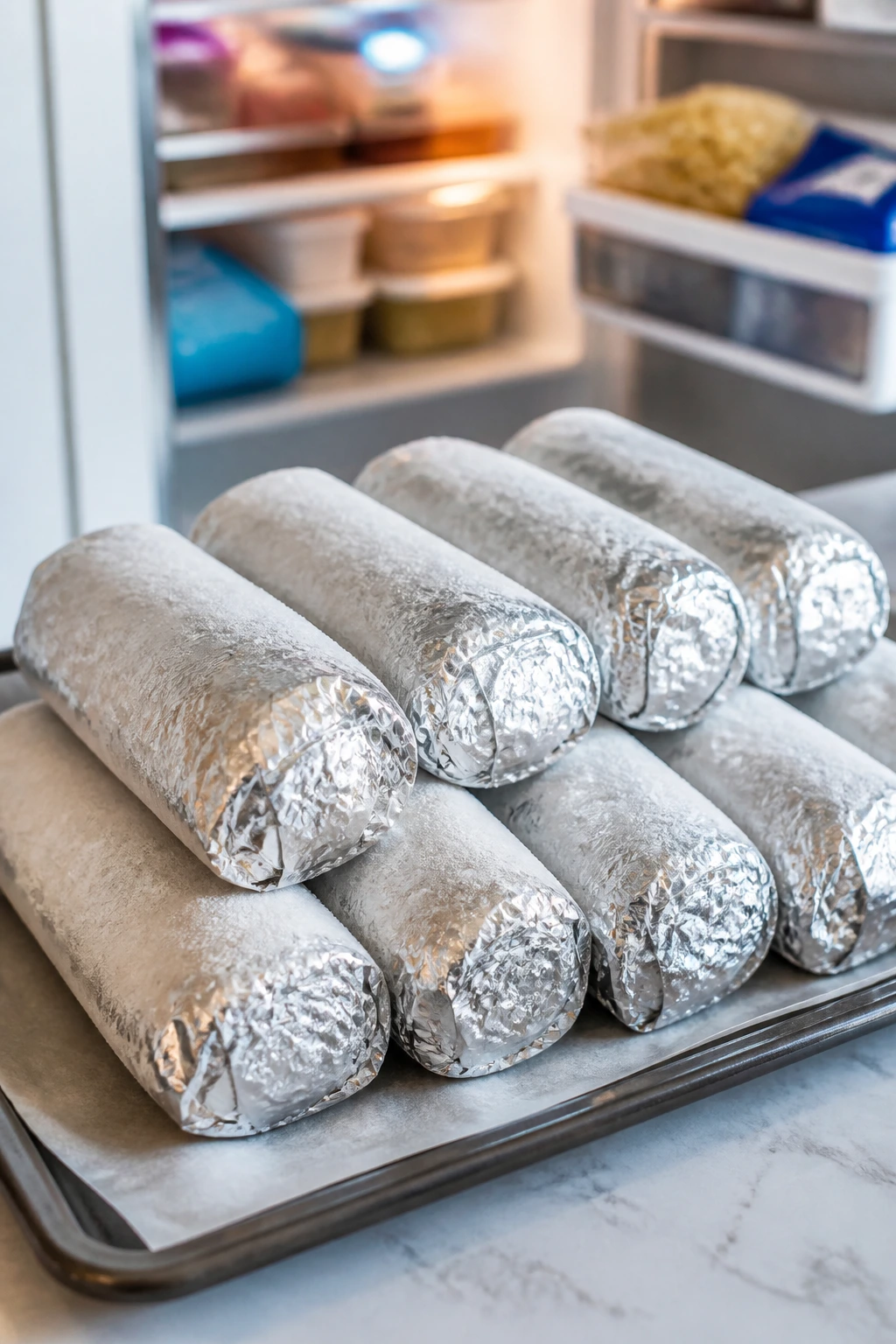 Row of foil-wrapped breakfast burritos ready to freeze